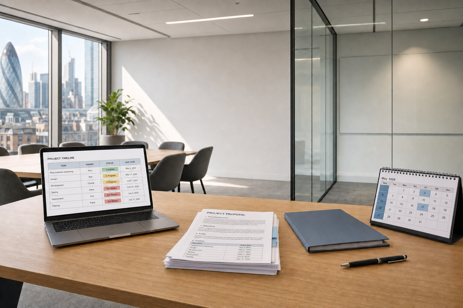 Modern office with a laptop displaying a project timeline, documents, and a calendar on a wooden desk, overlooking London.