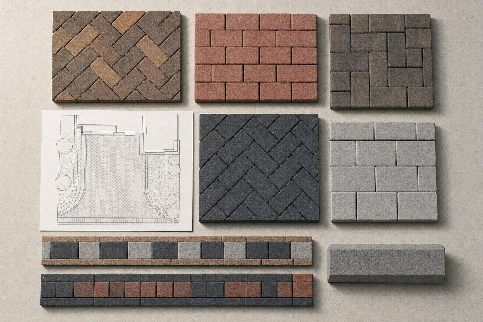Various paving stone patterns arranged alongside a landscape design blueprint.