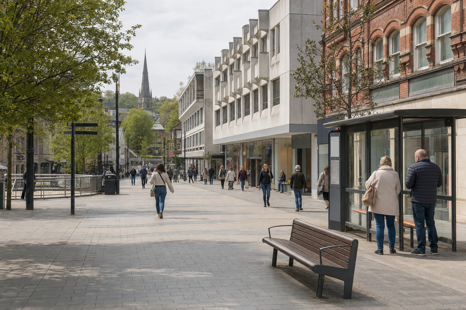 People walk along a modern pedestrian street with trees and buildings in the urban landscape.
