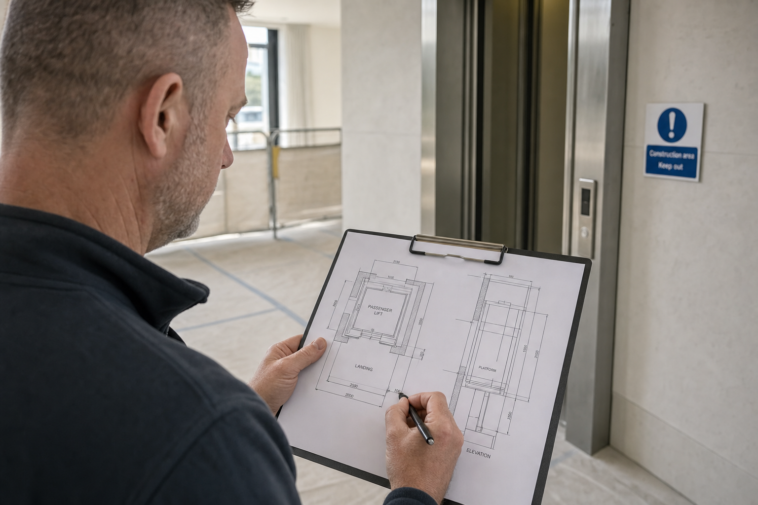 A man studies architectural plans on a clipboard near a lift under construction.