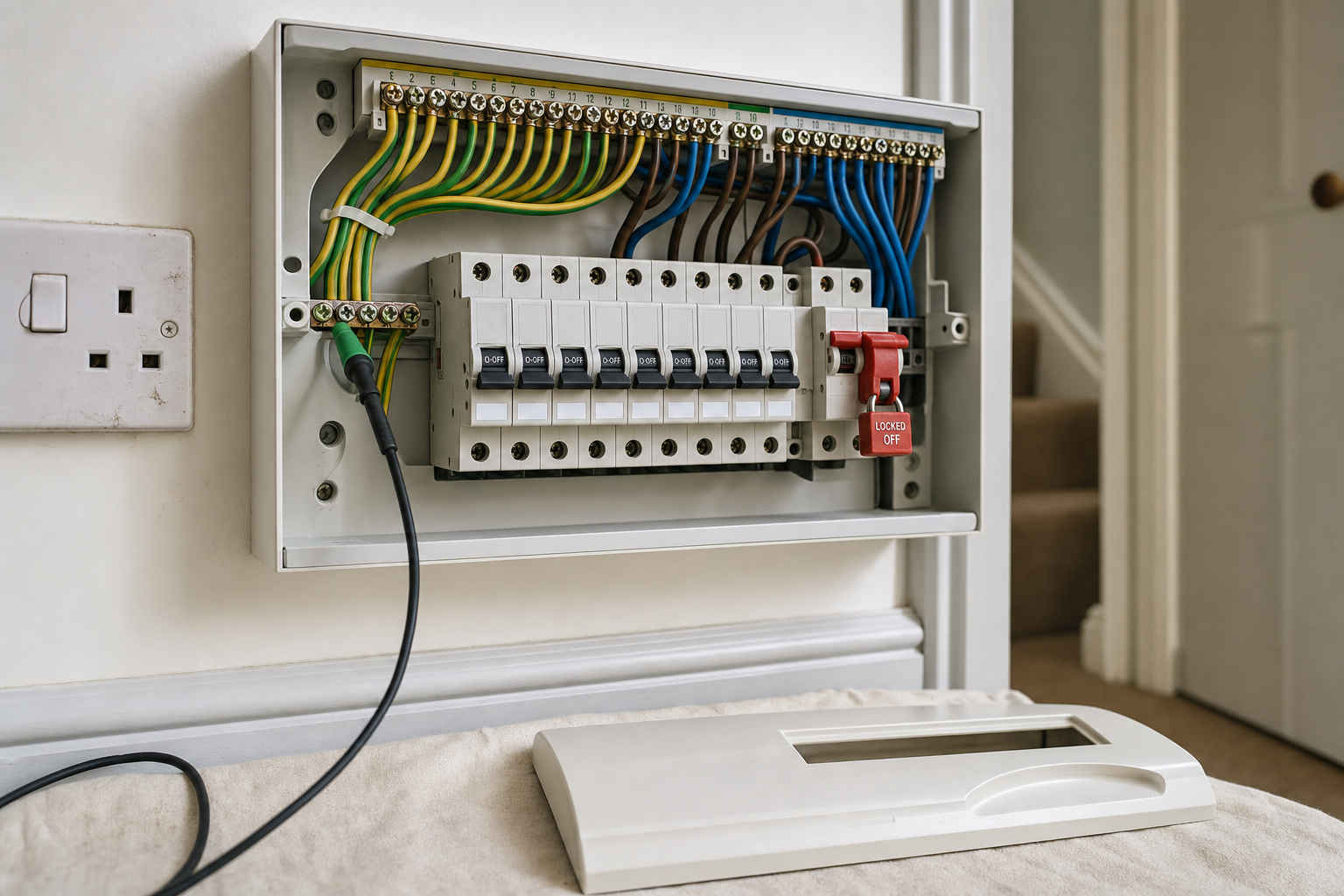Open electrical consumer unit with multiple circuit breakers and a locked-off switch, located near a staircase.