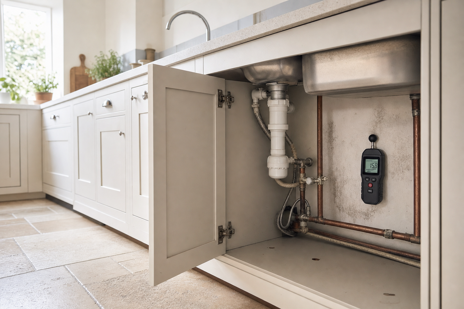 A kitchen cabinet beneath the sink reveals plumbing and a moisture meter with a digital display.
