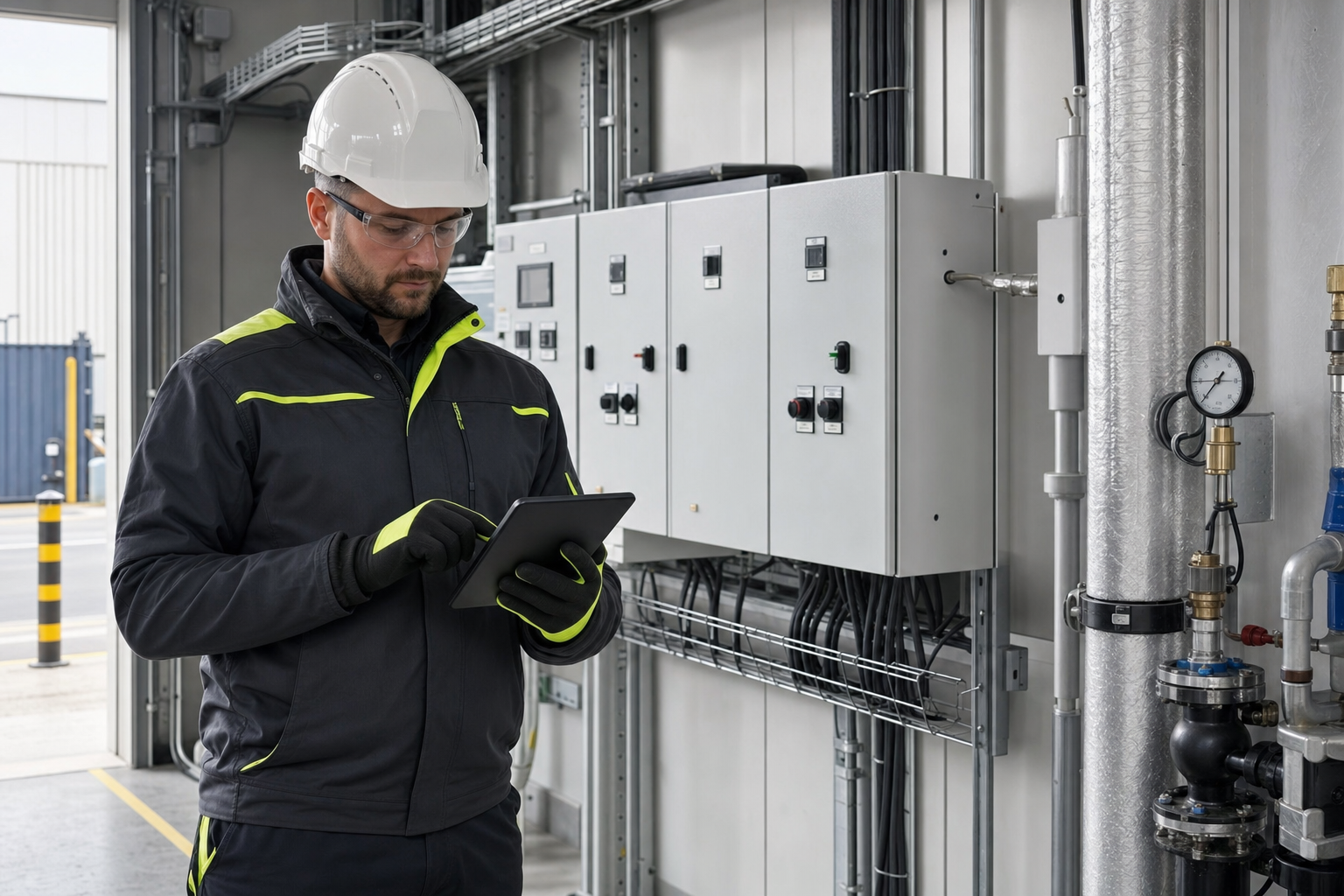 Engineer in safety gear using a tablet in an industrial control room.