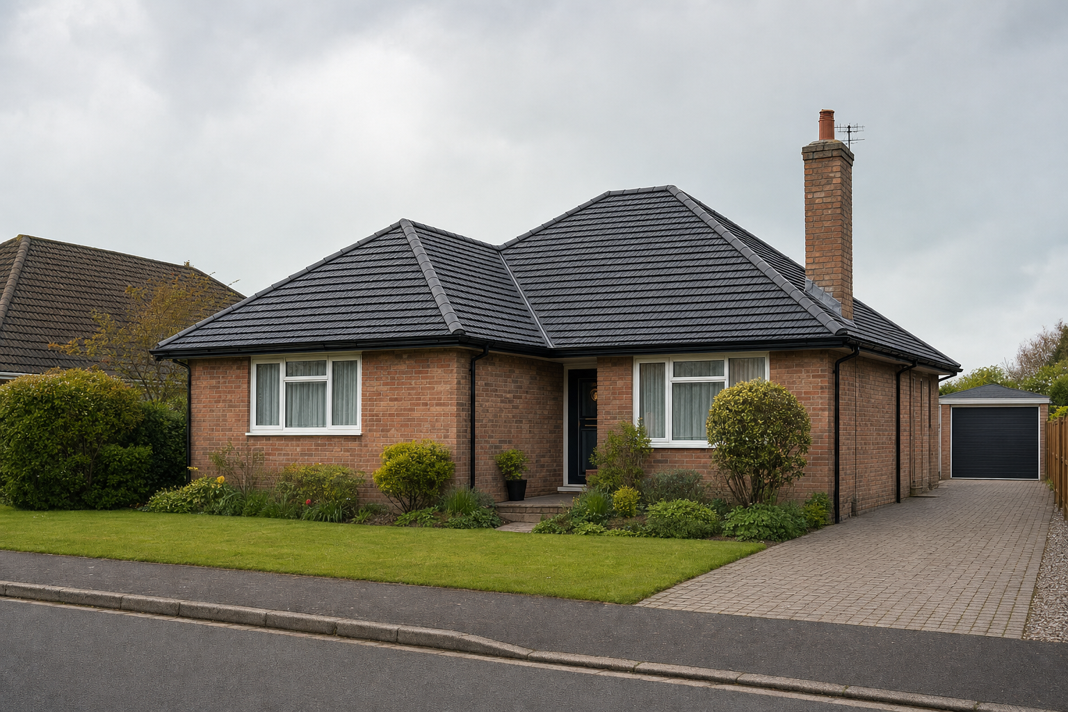 A detached brick bungalow with a dark tiled roof, neatly trimmed garden, and paved driveway on an overcast day.