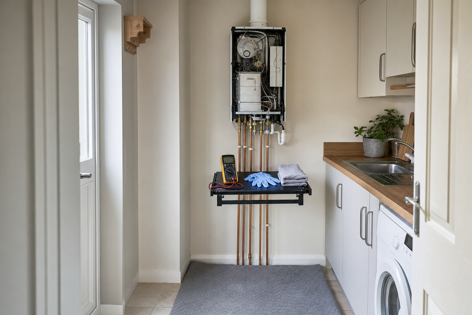 A boiler with exposed pipes and a maintenance setup including a multimeter, gloves, and towels in a utility room.