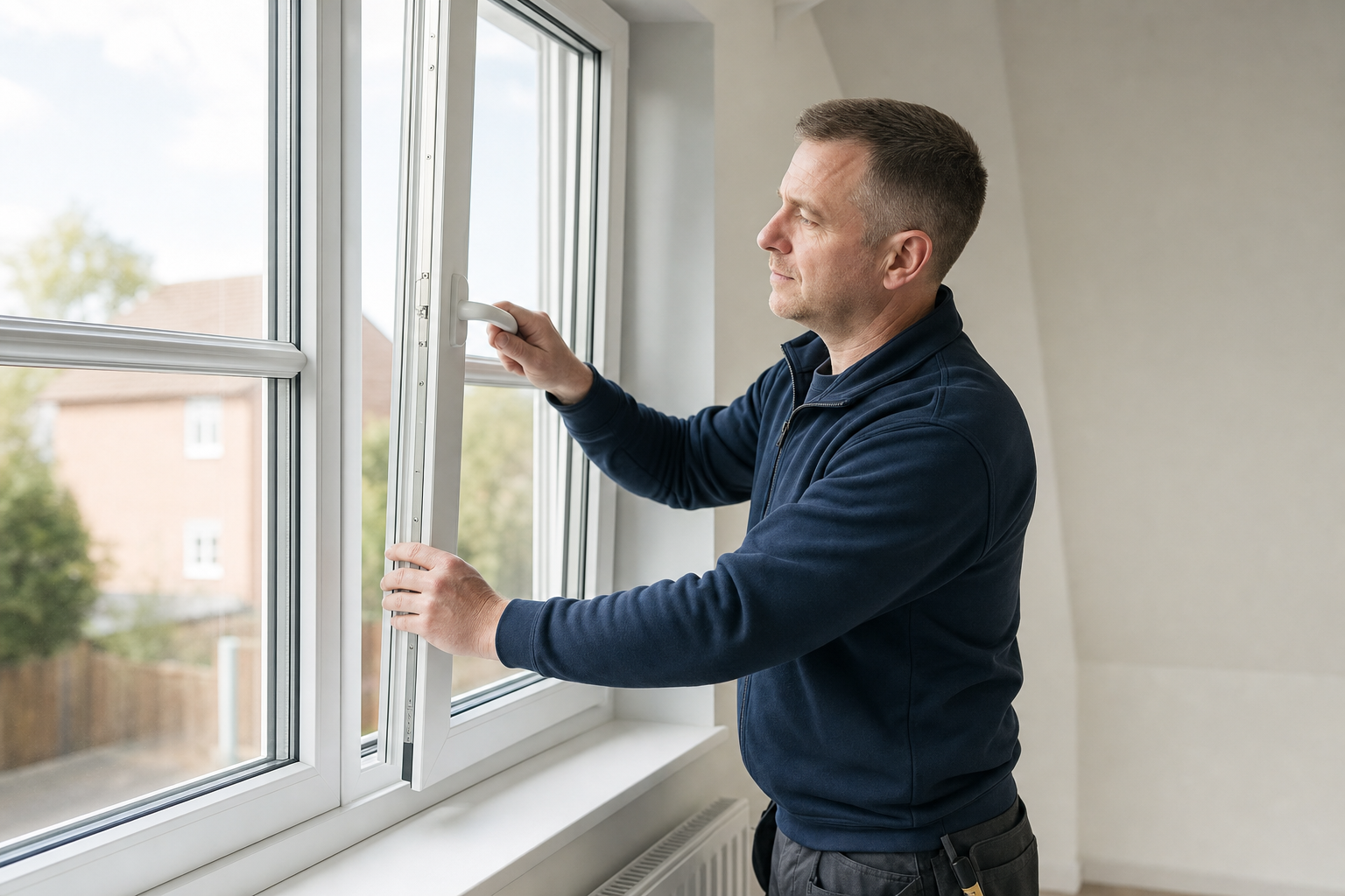 A man in a blue jacket adjusts a double-glazed window in a bright room.