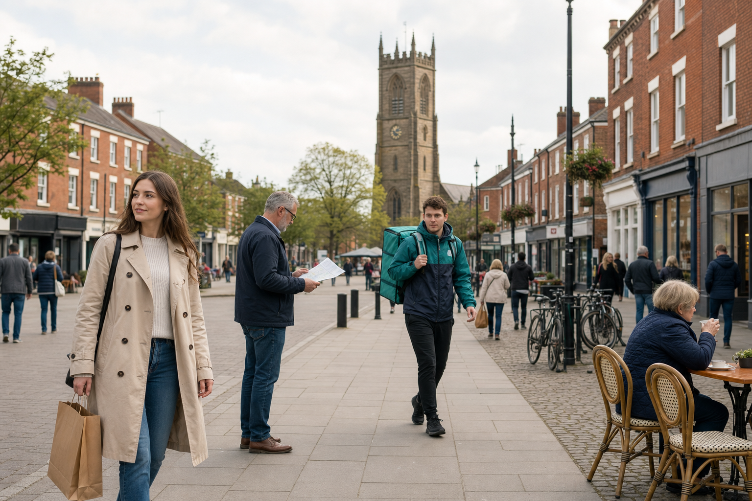 People walking and dining on a busy high street with a historic church in the background.