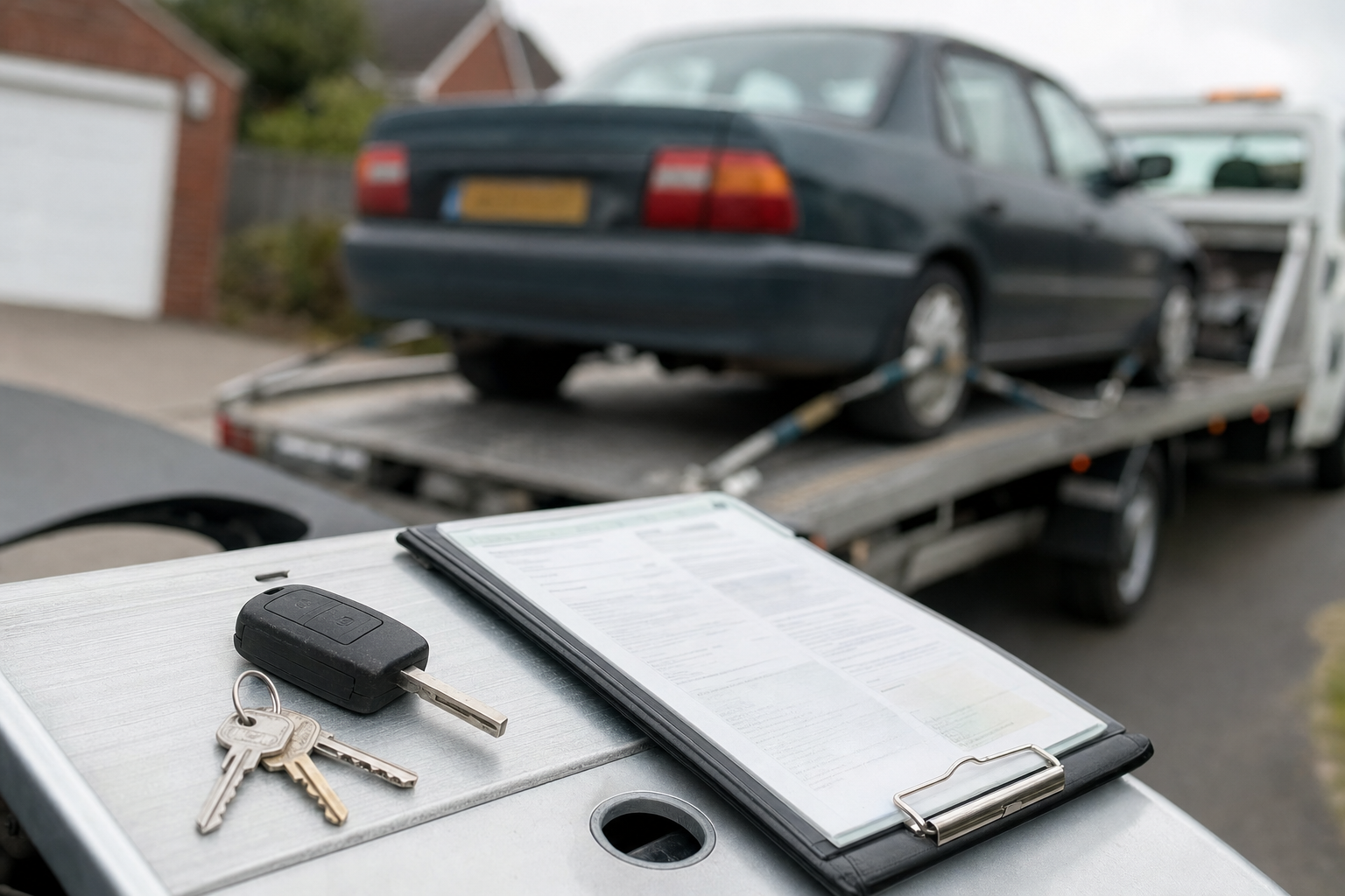 A car on a tow truck with a clipboard and keys on a nearby surface.