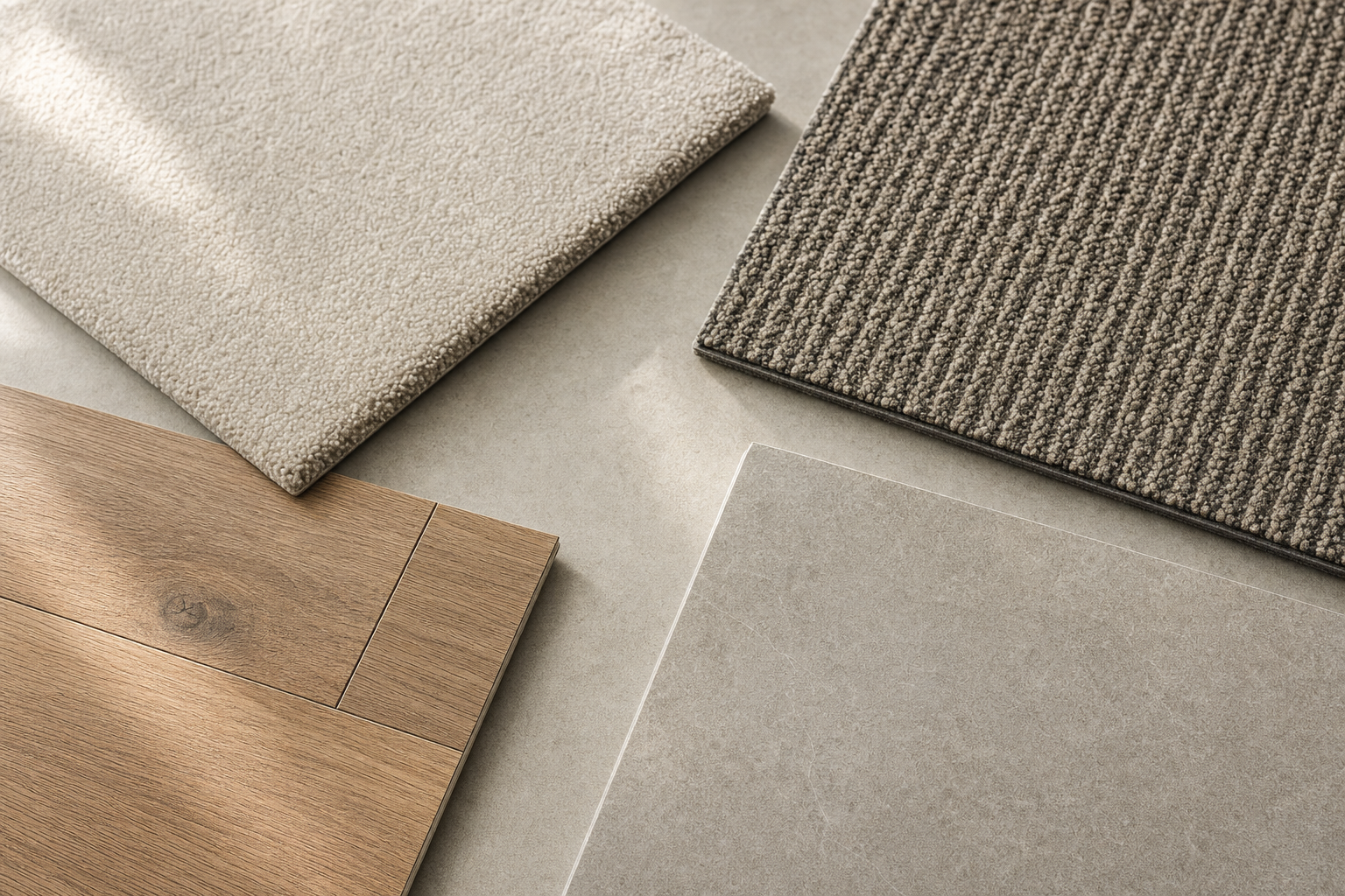 A selection of flooring samples including light and dark carpets, wood, and stone textures arranged on a neutral surface.