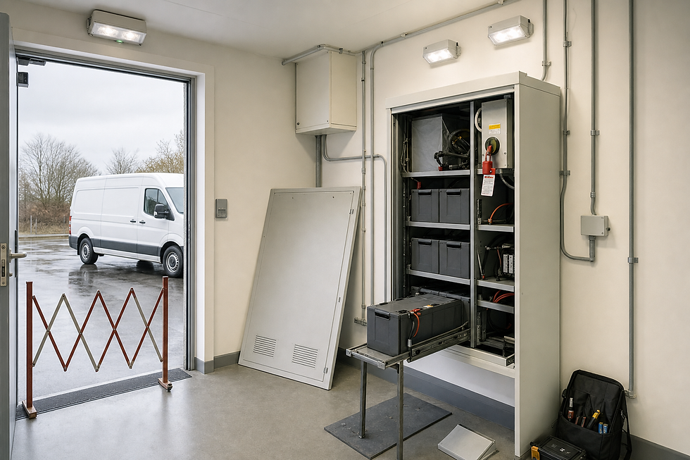 Open storage cabinet with electronic equipment and tools in a room, next to an open door revealing a white van outside.