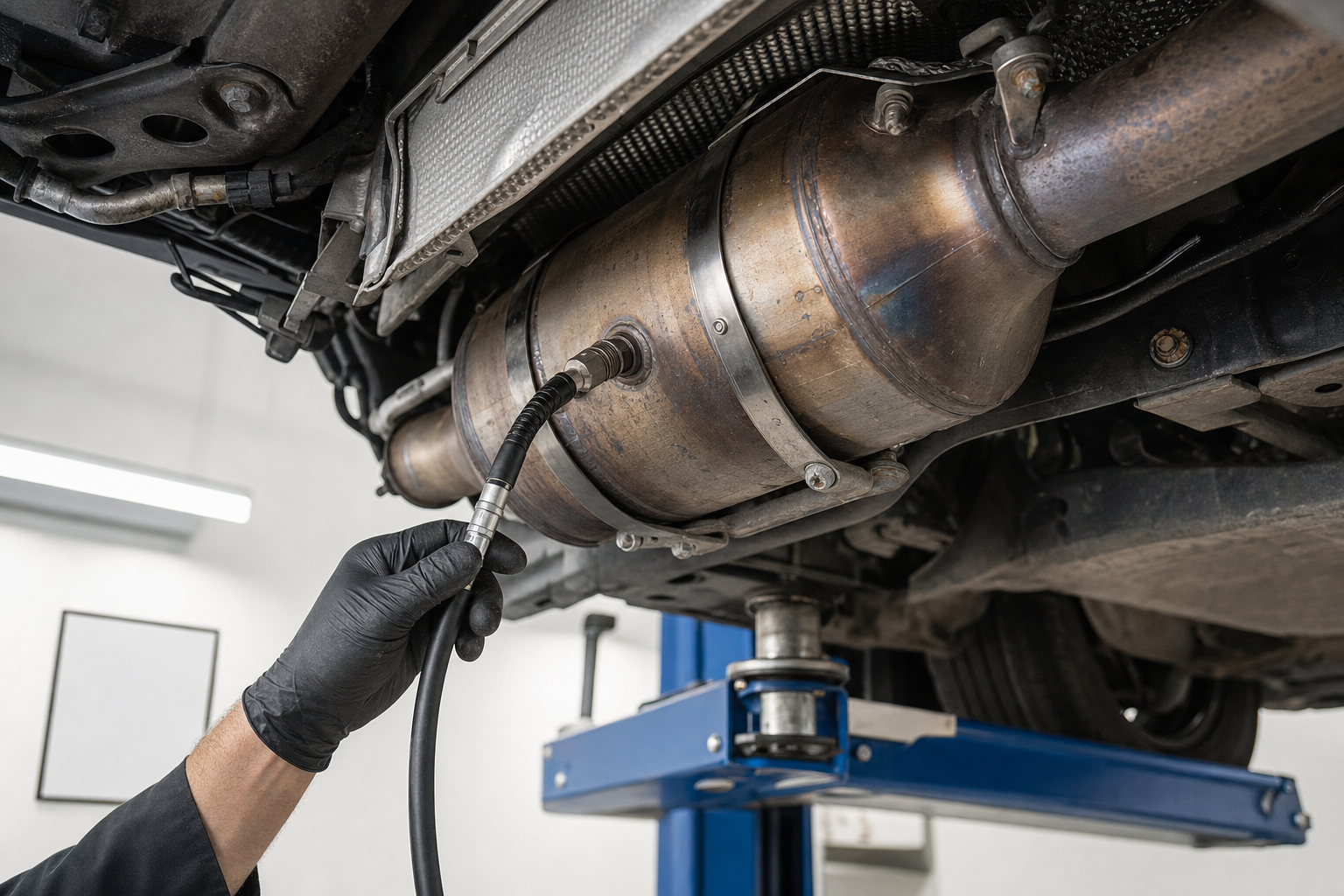 A mechanic's gloved hand holds a sensor near a car's catalytic converter in an automotive workshop.