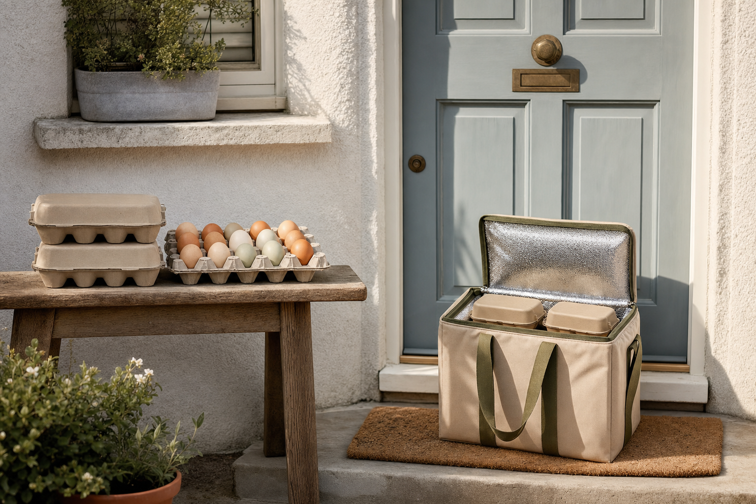 Egg cartons and a cooler bag are placed outside a blue door on a sunny doorstep.