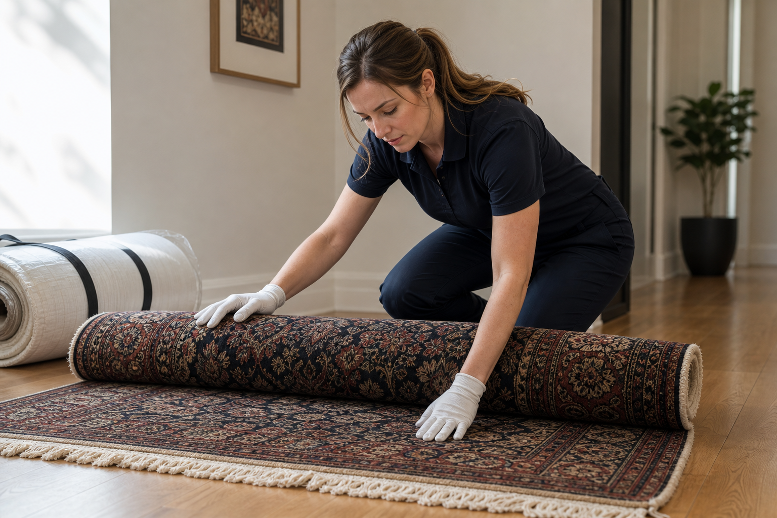 A woman unrolls an ornate rug on a wooden floor, wearing gloves and a navy uniform.