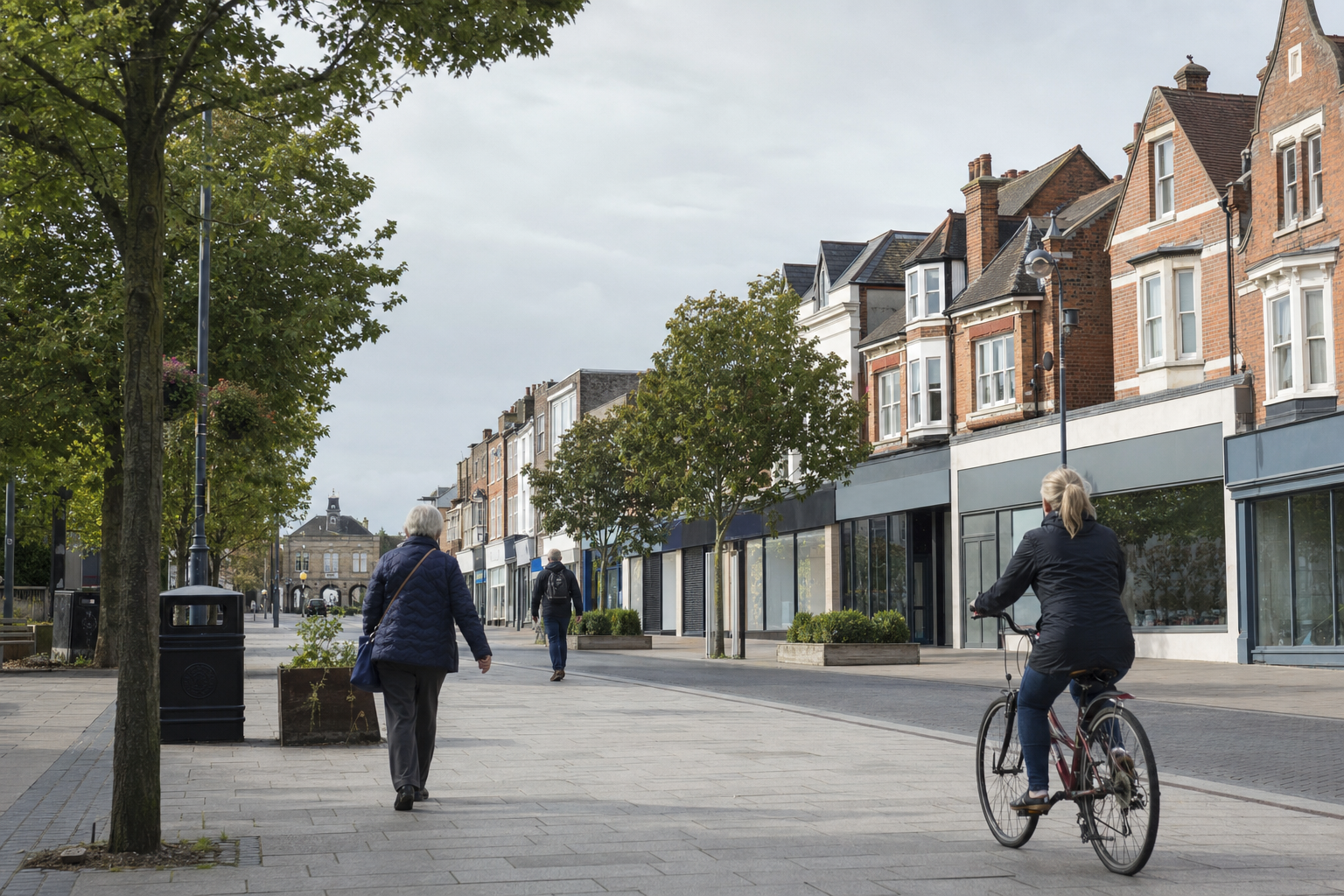 A cyclist and pedestrians navigate a quiet street lined with red-brick buildings and trees on an overcast day.