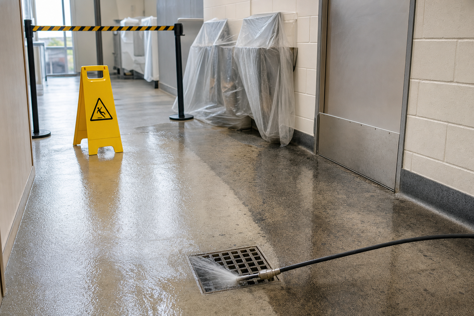Wet hallway with a caution sign, plastic-covered items, and a hose spraying water into a drain.