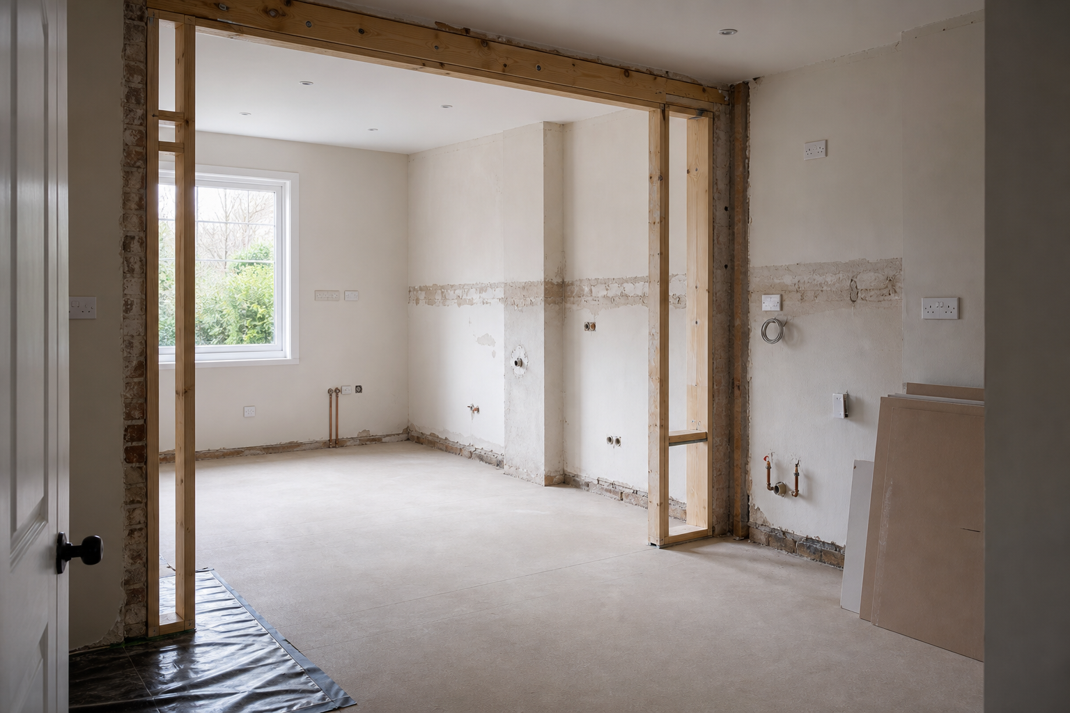 Partially renovated room with exposed brick and electrical outlets, showing plumbing and construction materials near a window.
