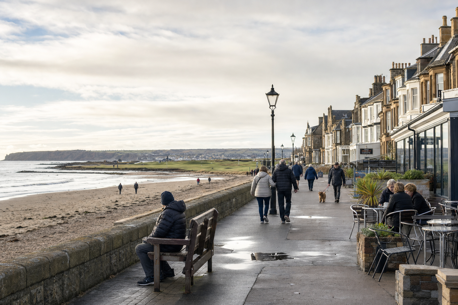 People walking along a seaside promenade with a beach on the left and cafes on the right.
