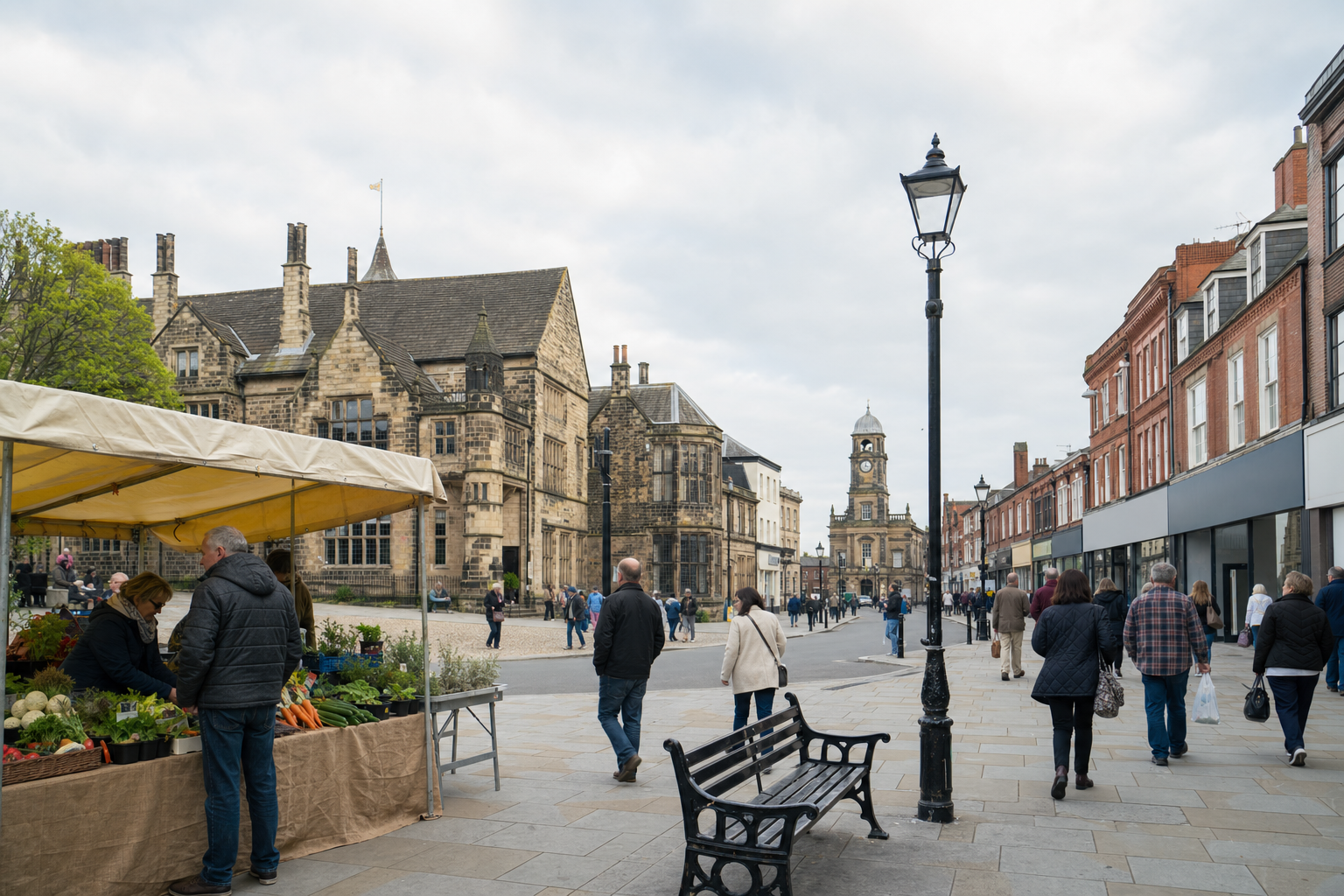Street market with a vegetable stall, historic buildings, and people walking on a cloudy day.