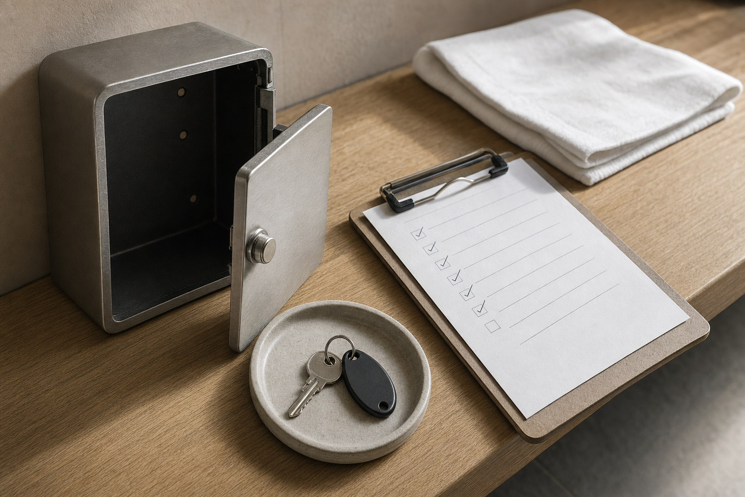 Open metal box on a wooden shelf beside a clipboard with a checklist and a dish holding keys.