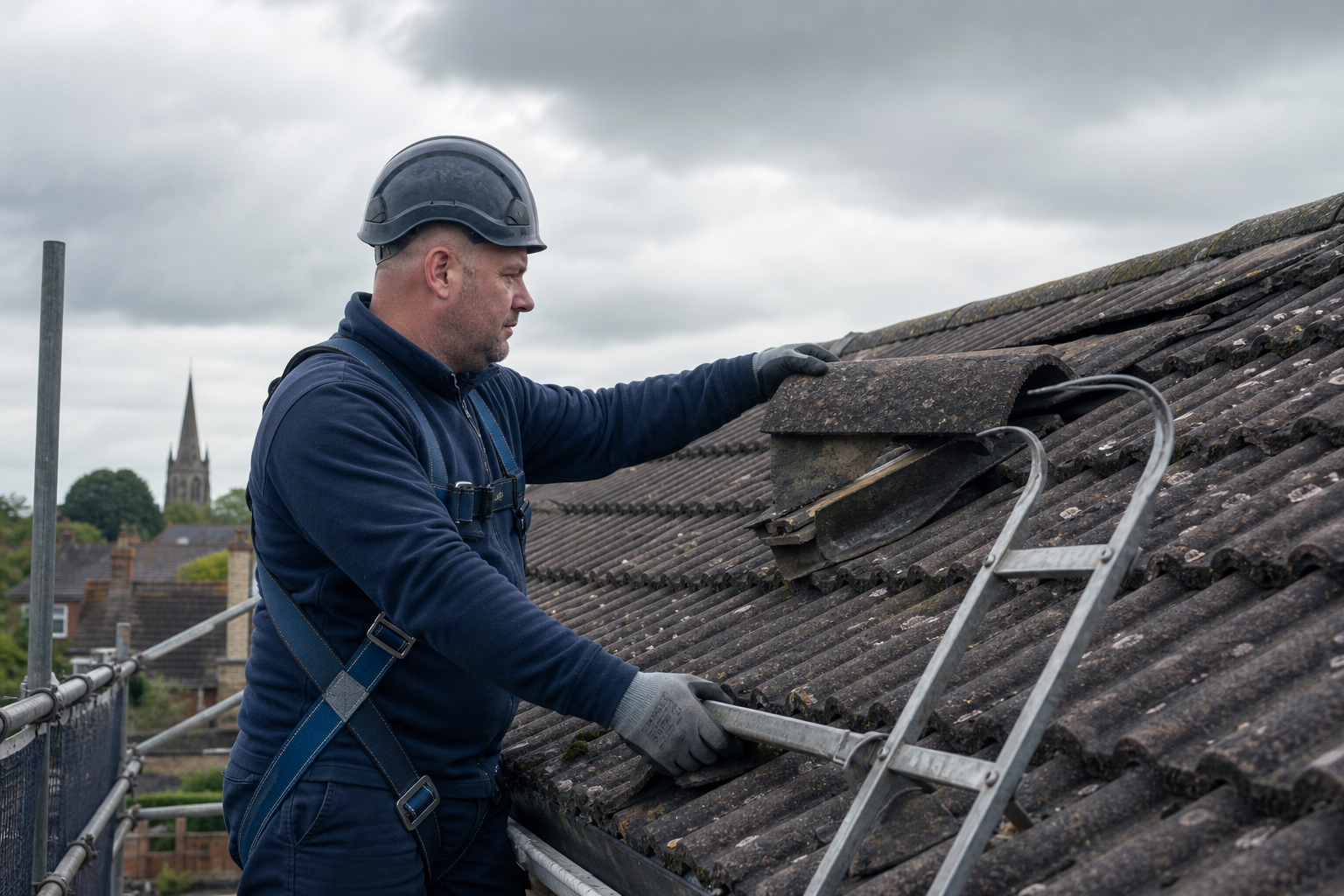 A worker wearing protective gear repairs tiles on a rooftop with an overcast sky and a church spire in the background.