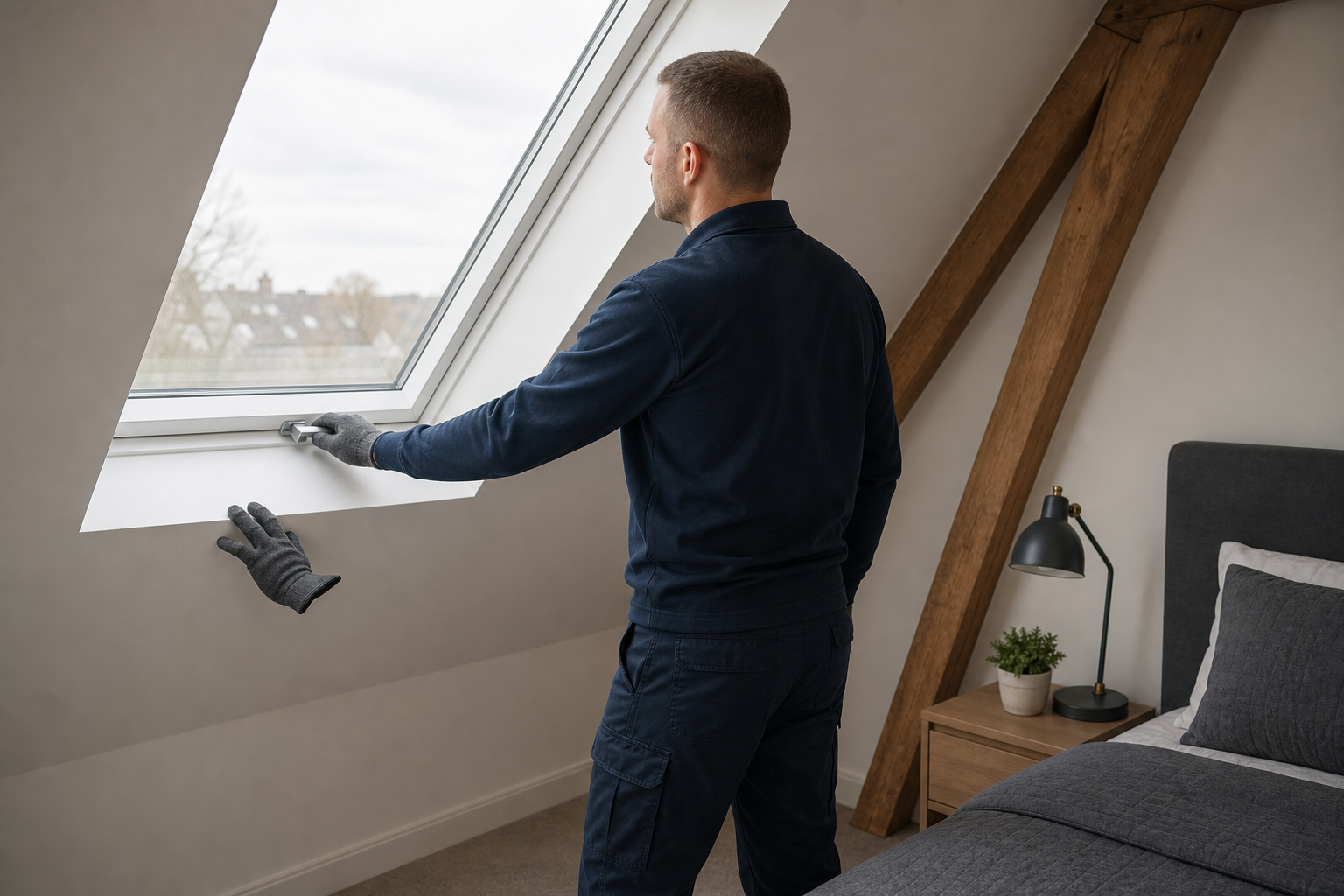 Man in a dark outfit looking out of a skylight window in a cosy, modern bedroom with wood beams.
