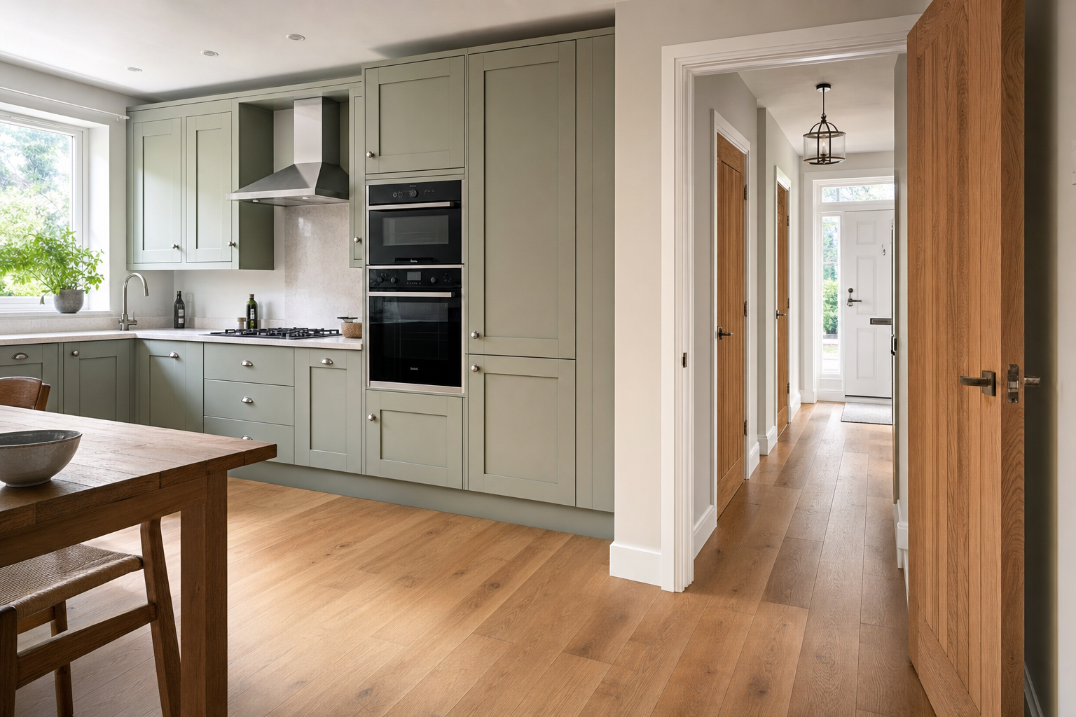 Modern kitchen with sage green cabinets, stainless steel appliances, and a wooden table leading to a corridor with open doors.