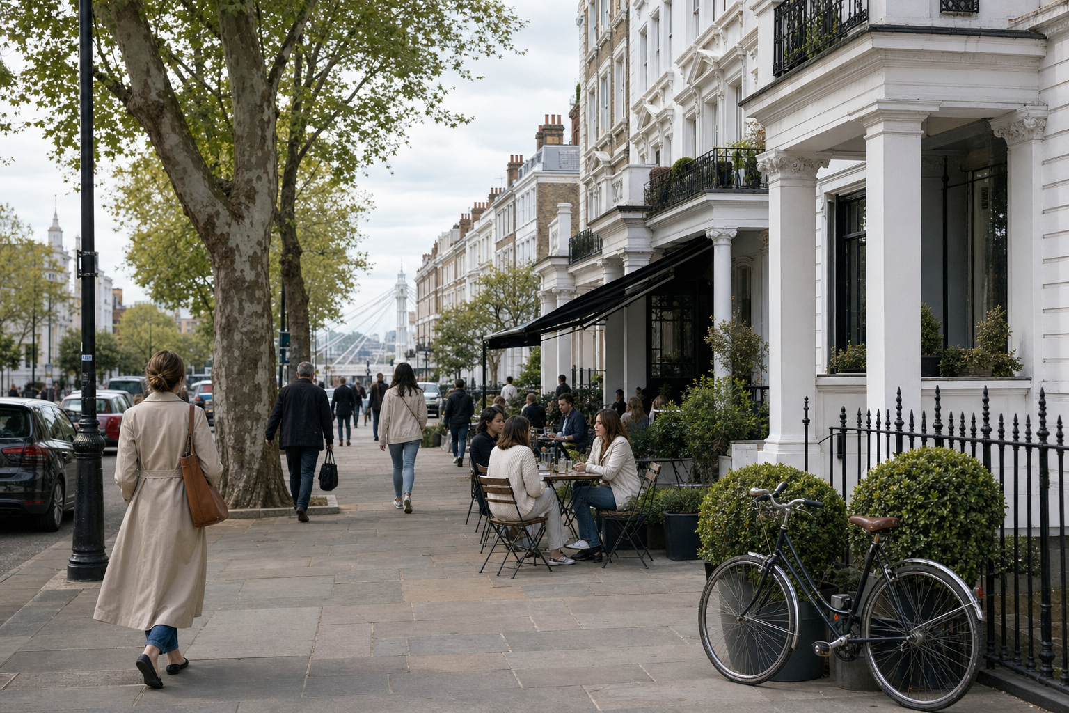 People walking and dining along a tree-lined street with Victorian architecture and a bicycle parked nearby.