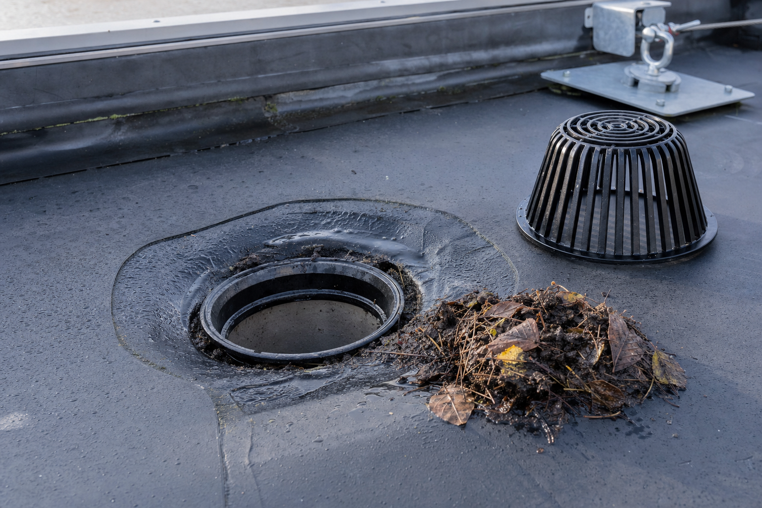 Rooftop drain with removed cover, surrounded by debris and fallen leaves.