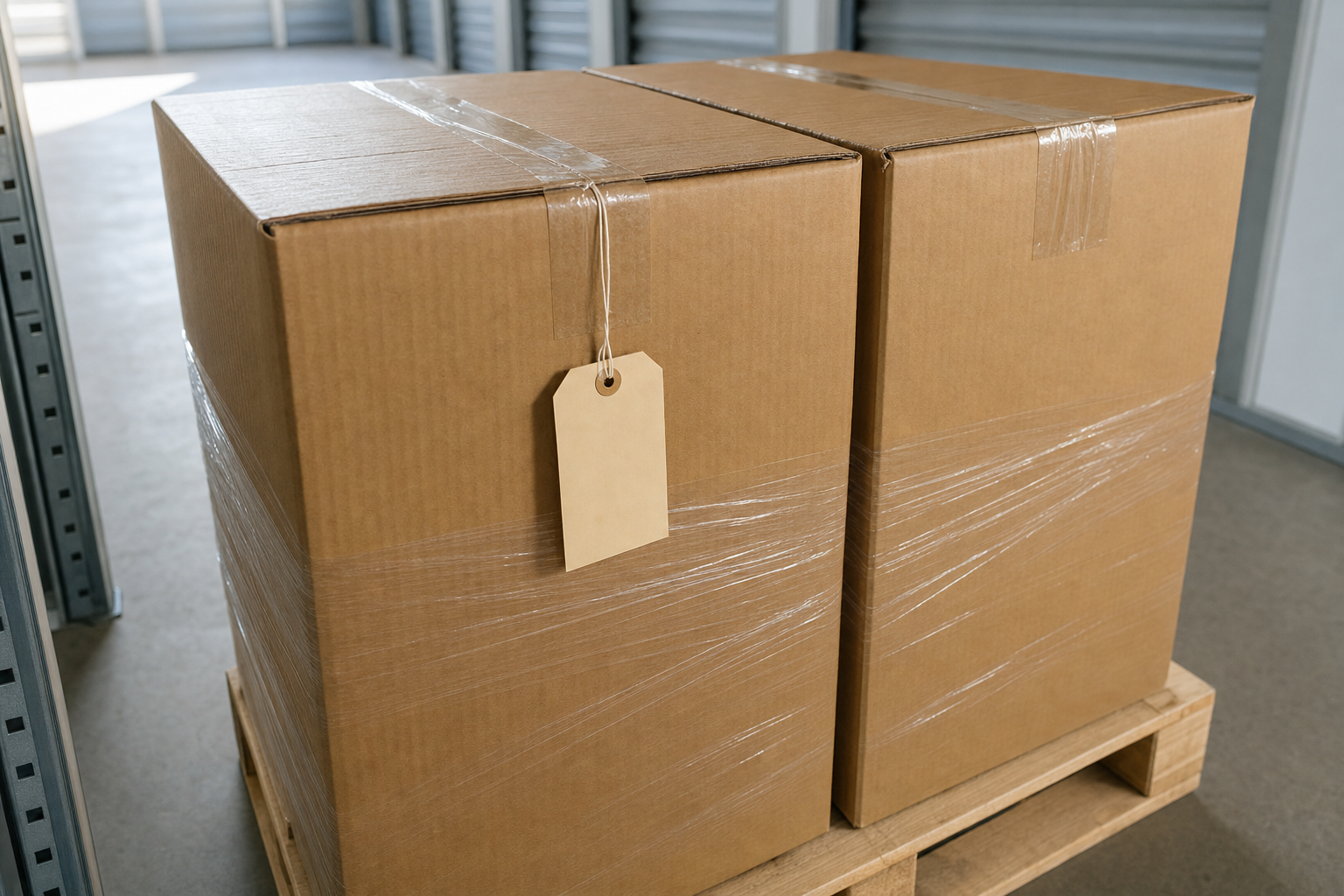 Two large cardboard boxes on a wooden pallet with an attached blank tag in a storage facility.