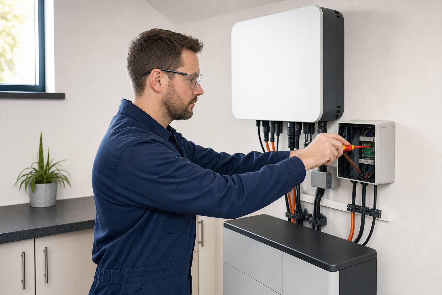 Engineer in blue overalls working on an electrical panel with tools in a modern setting.