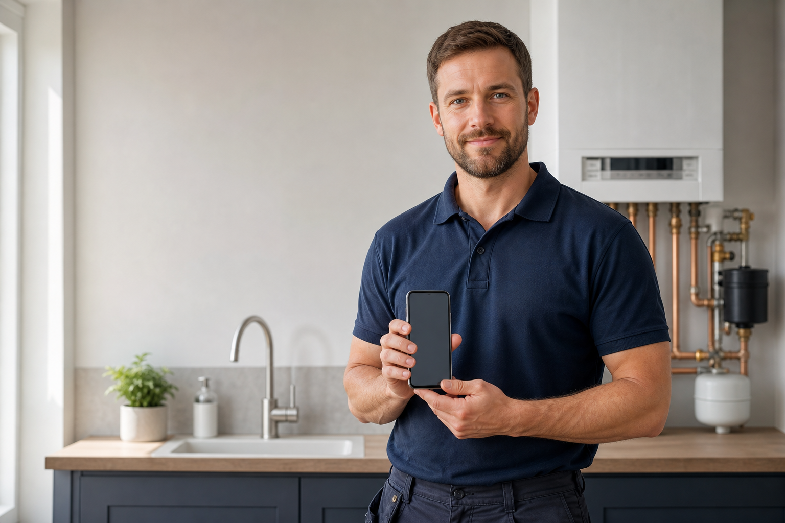 Man in a navy polo holding a smartphone in a modern kitchen setting.