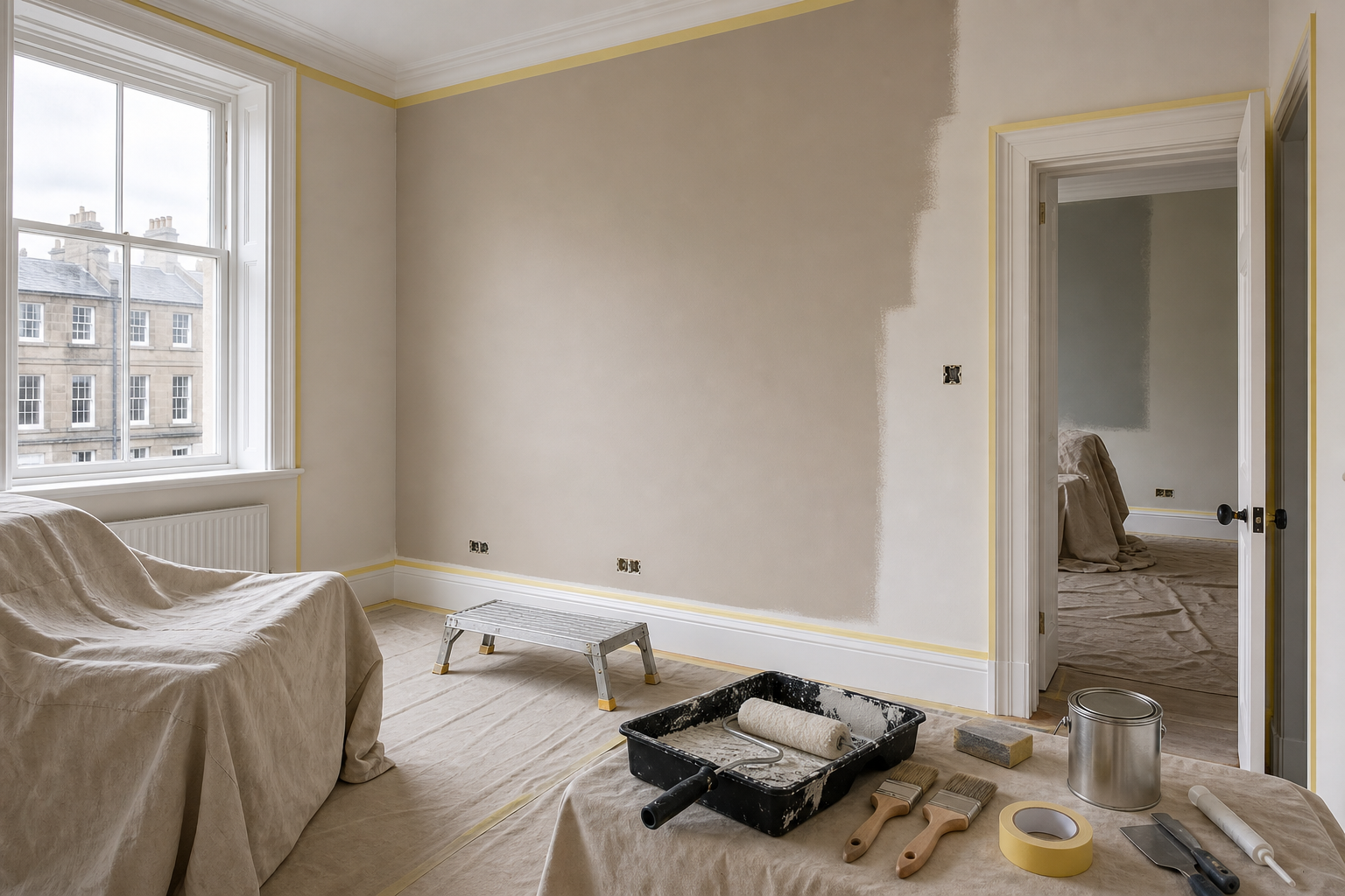 A partially painted room with painting tools and furniture covered in drop cloths.
