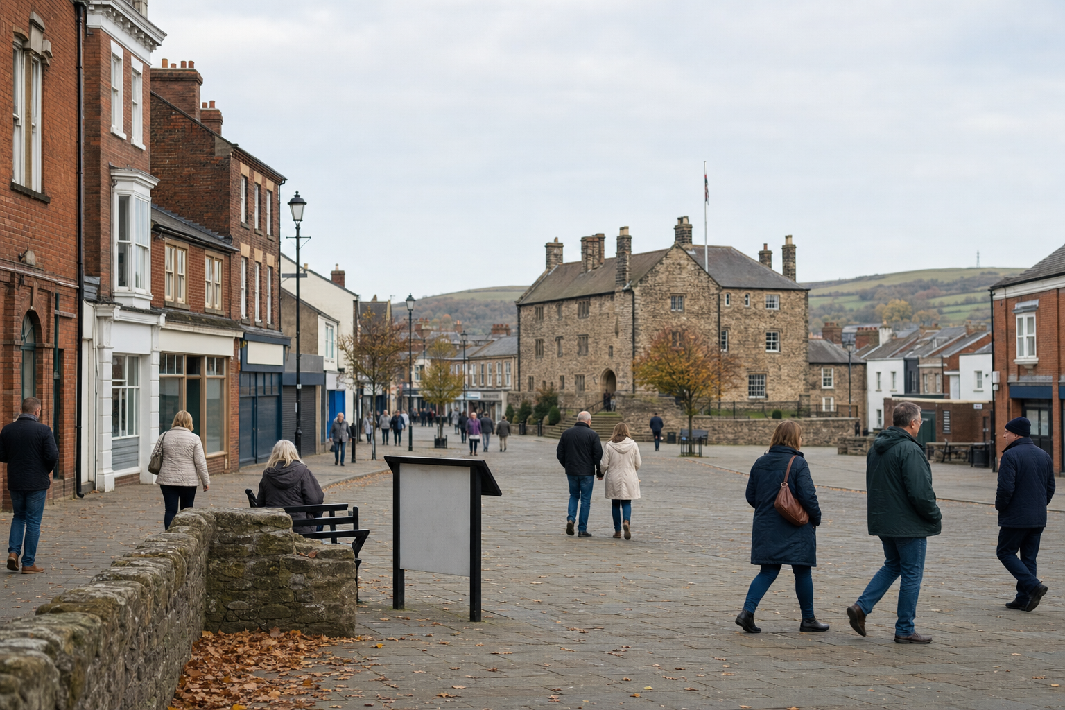 People walking along a cobblestone street lined with historic buildings on an overcast day.