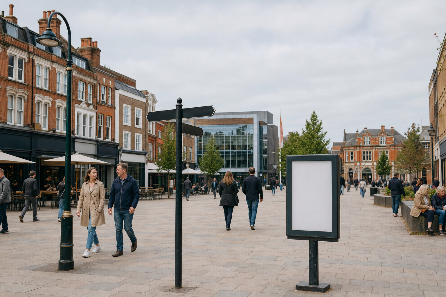 People walking in a lively town square with brick buildings and a modern glass structure in the background.