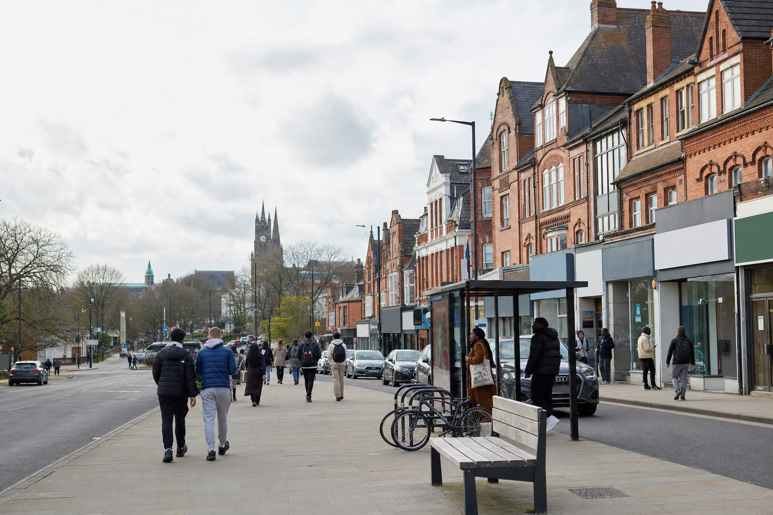 People walk along a street with Victorian buildings and a distant clock tower.