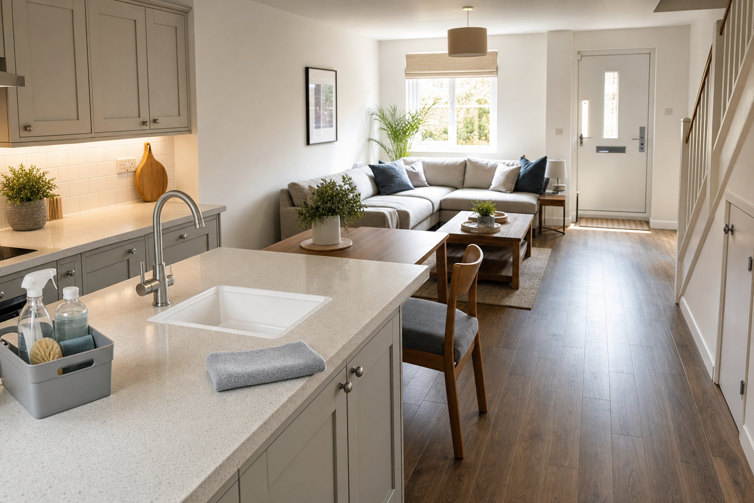 Modern open-plan kitchen and living room with light grey cabinetry, a large sofa, and wooden flooring.