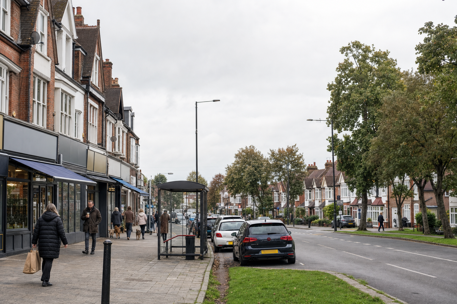 Busy suburban street with pedestrians, parked cars, and terraced houses on a cloudy day.