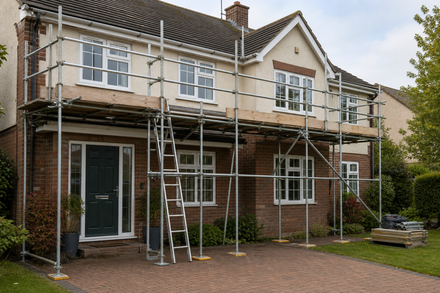 A two-story house with scaffolding set up for renovations.