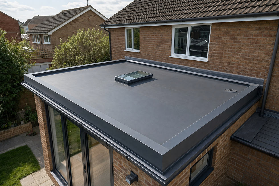 Modern flat roof with a skylight on a brick house extension in a suburban neighbourhood.