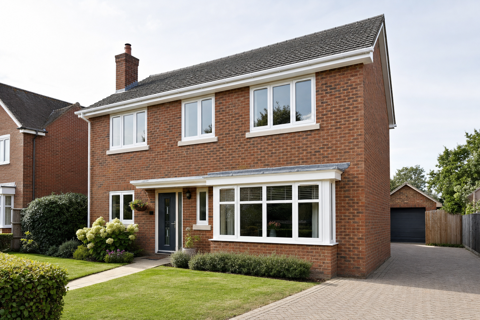 Red brick two-storey house with a well-kept garden and a driveway leading to a detached garage.