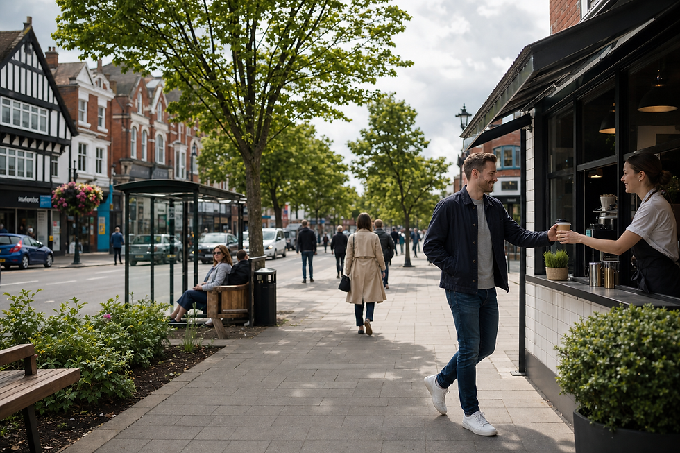 A man receives a coffee from a vendor at an outdoor café in a bustling town high street.