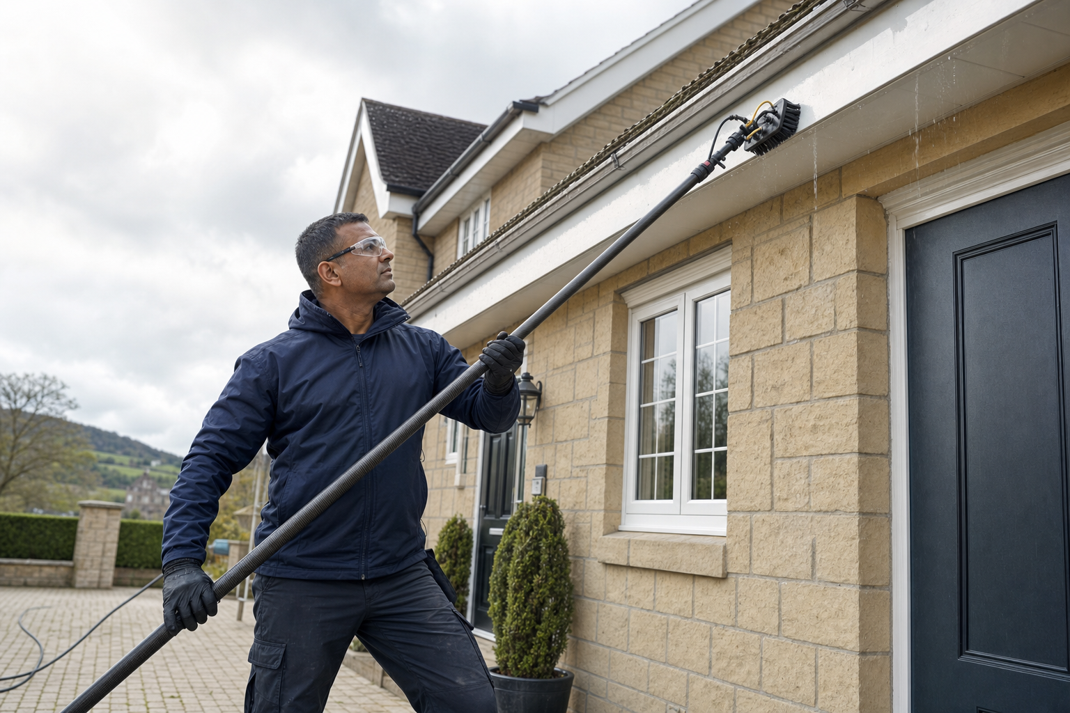 A man cleaning house gutters with a long-handled tool, wearing protective glasses and gloves.
