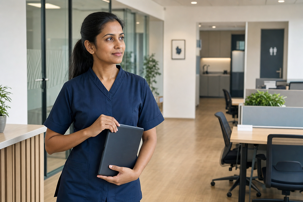 Woman in blue scrubs holding a tablet, standing in a modern office environment with plants and workstations.