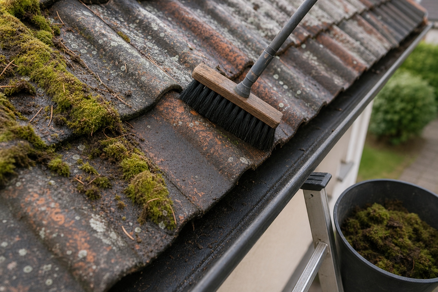 A broom sweeps moss off a weathered tiled roof, with a bucket on a ladder collecting the debris.
