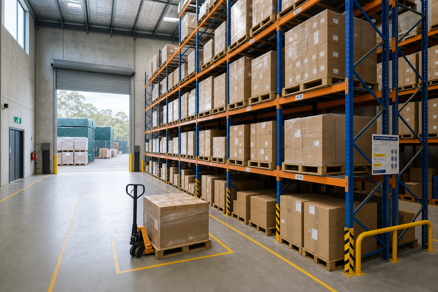 Warehouse interior with tall shelves stacked with boxes, a pallet jack in the foreground, and light streaming through an open door.