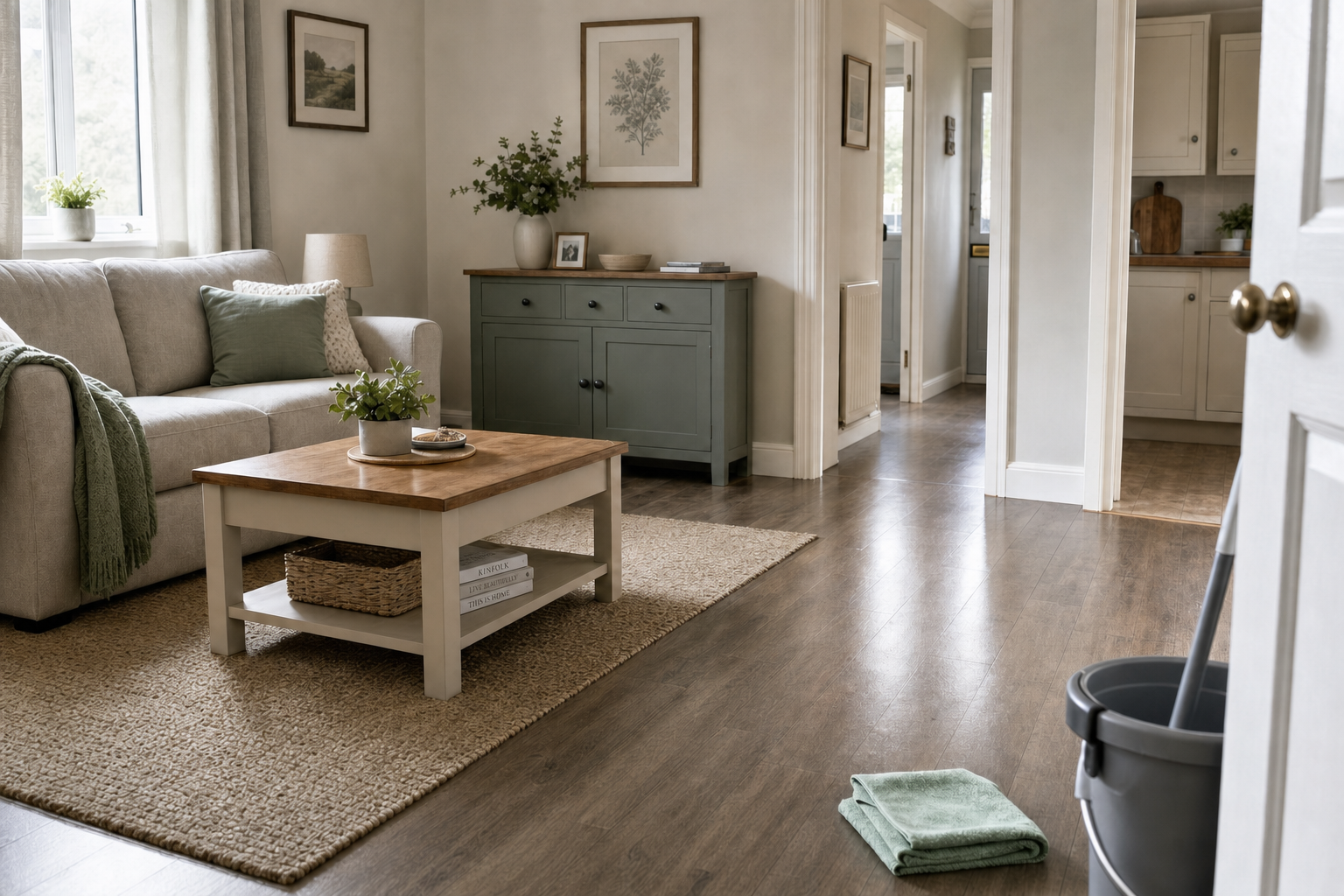 A tidy living room with a beige sofa, wooden coffee table, and plants, leading into a bright kitchen.