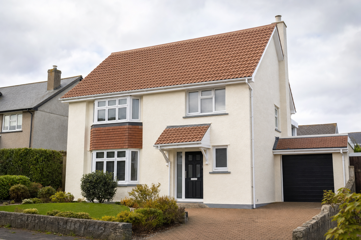 Modern two-storey house with a red-tiled roof, black garage door, and a well-maintained front garden.