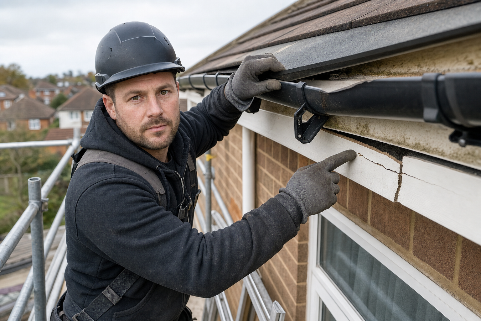 A builder wearing a helmet and gloves points at a crack in the soffit of a house roof.