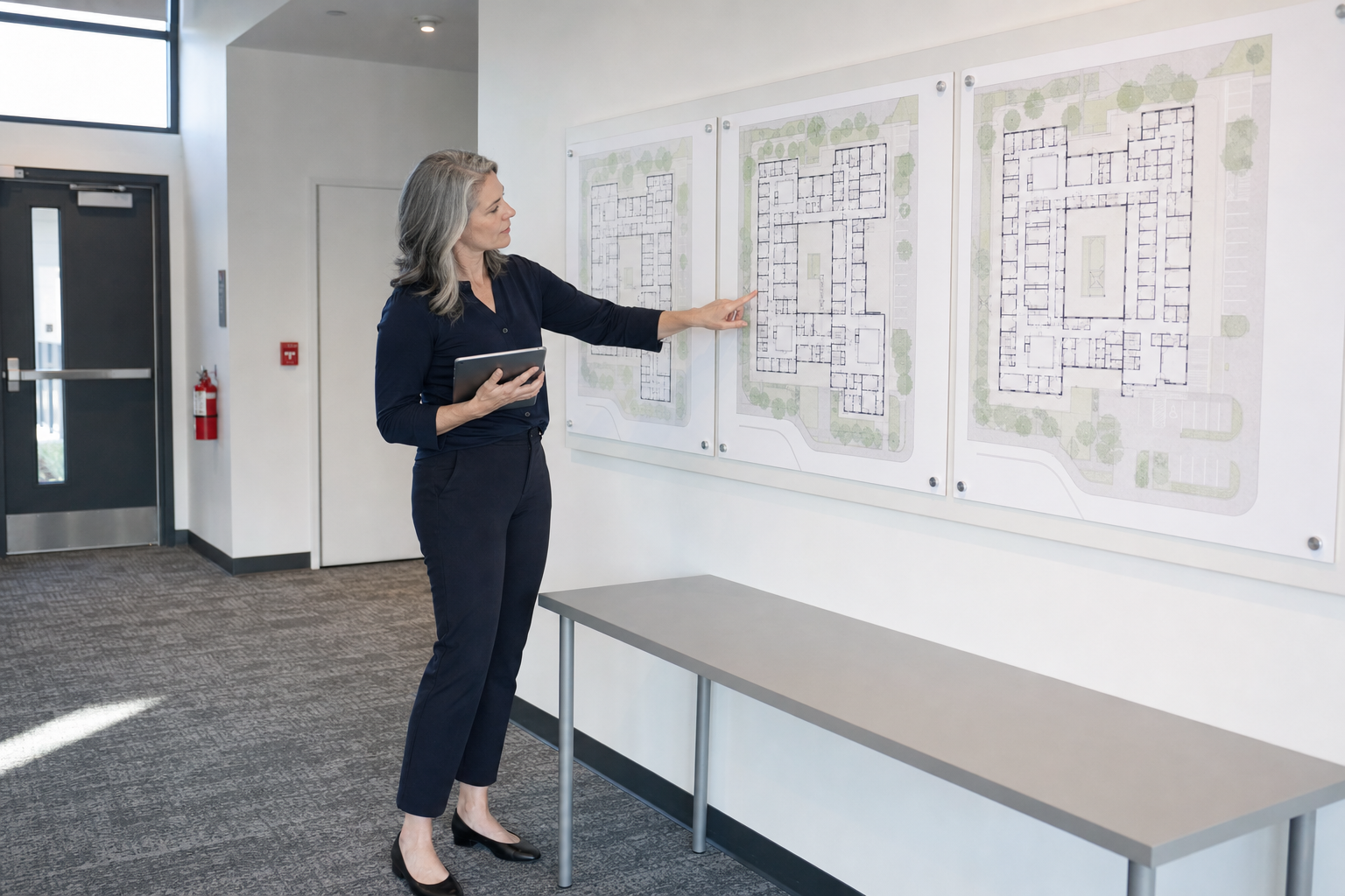 A woman studies architectural blueprints on a wall while holding a tablet in a modern office setting.