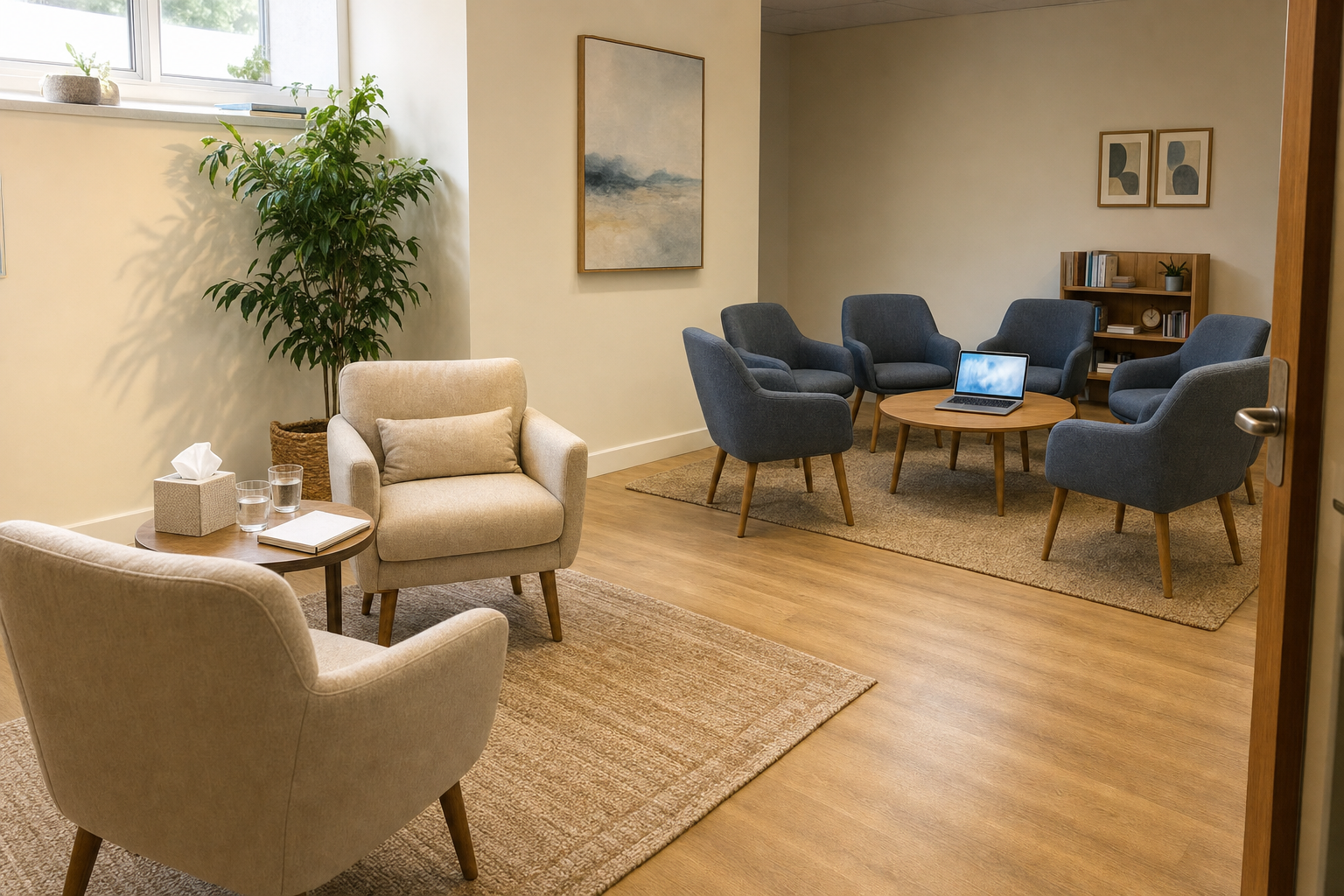 Modern meeting room with blue and beige chairs arranged around wooden tables on a light wood floor.